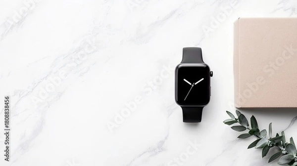 Fototapeta A black smartwatch with a minimalist clock face sits on a white marble surface next to a light brown box and a sprig of green leaves.