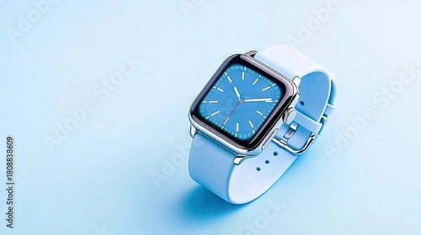 Fototapeta A modern smartwatch with a light blue band and a blue digital watch face is displayed against a solid light blue background, highlighting its sleek design.