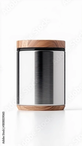 Fototapeta A sleek, cylindrical stainless steel container with a brushed metal finish, topped with a natural wood lid and a matching wood base, set against a clean white b