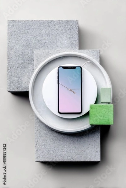 Fototapeta A minimalist still life composition featuring a smartphone, textured concrete blocks, and vibrant green cubes arranged on a neutral background.