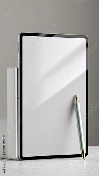 Fototapeta A sleek tablet stands upright next to a thin book, with a stylus pen leaning against its screen, set against a minimalist background.