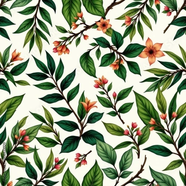 Fototapeta Floral Pattern Design Featuring Lush Green Leaves and Delicate Orange Flowers on Cream Background