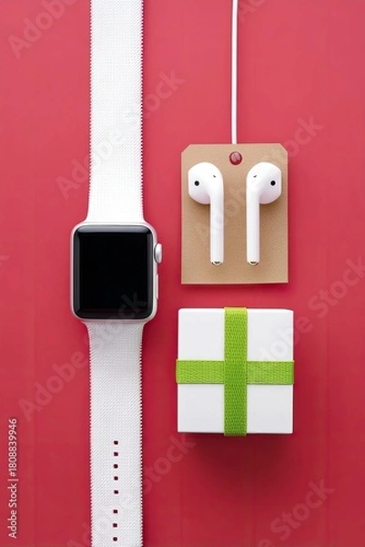 Fototapeta A collection of modern electronic devices, including a smartwatch, wireless earbuds, and a gift box, are neatly arranged on a vibrant red background.