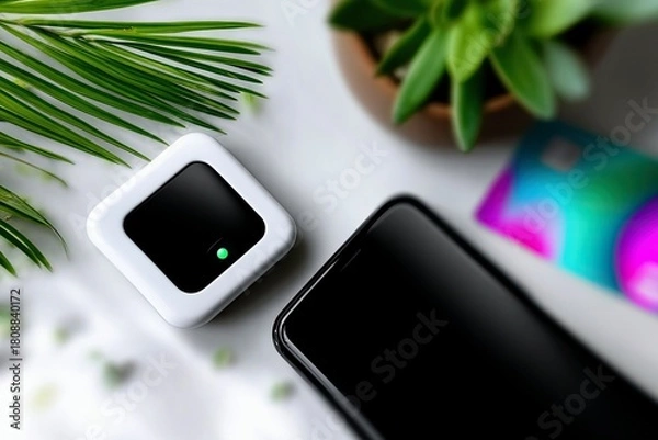 Fototapeta A white square device with a black screen and a green light sits next to a smartphone and a colorful credit card on a white surface with a plant.