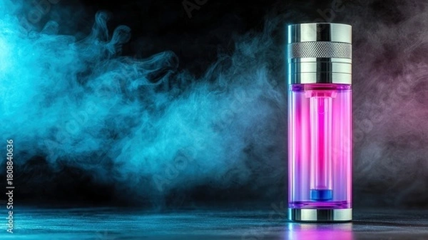 Fototapeta A sleek, metallic vaporizer with a transparent chamber filled with pink liquid and illuminated by internal lights, set against a backdrop of swirling blue and p