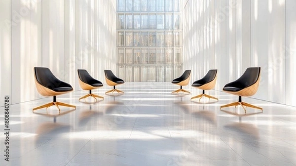 Fototapeta A modern waiting area features five sleek chairs with black upholstery and curved wooden shells, arranged in a semi-circle.