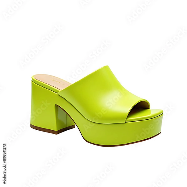 Fototapeta Retro fashioned bright lime green platform square-toe sandal isolated on white background