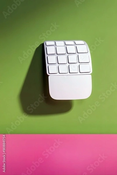 Fototapeta A white numeric keypad with a sleek design is positioned on a vibrant green surface, casting a distinct shadow.