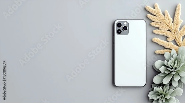 Fototapeta A white smartphone with a triple camera system is displayed on a gray background with decorative dried plants and succulents.