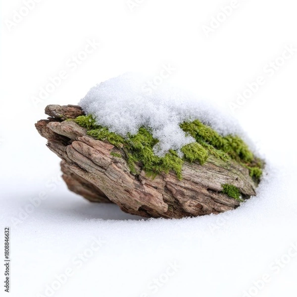 Obraz Winter nature element: tree bark with snow and moss on white background for seasonal design and decoration concepts