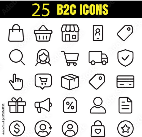 Obraz Modern B2C Icon Set in Minimal Outline Style | Business to Consumer Vector Icons
