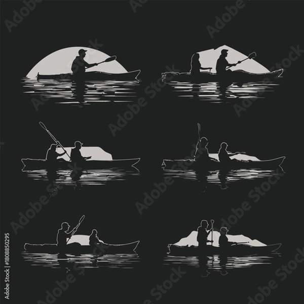 Obraz set of people riding a cano black and white silhouette illustration