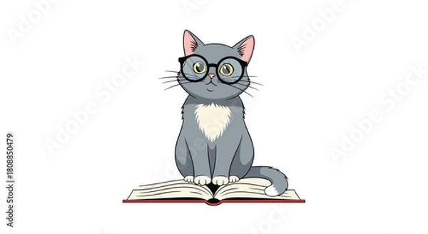 Fototapeta Charming gray cat wearing glasses sits atop an open book, radiating intelligence and a love for reading in a delightful cartoon illustration.