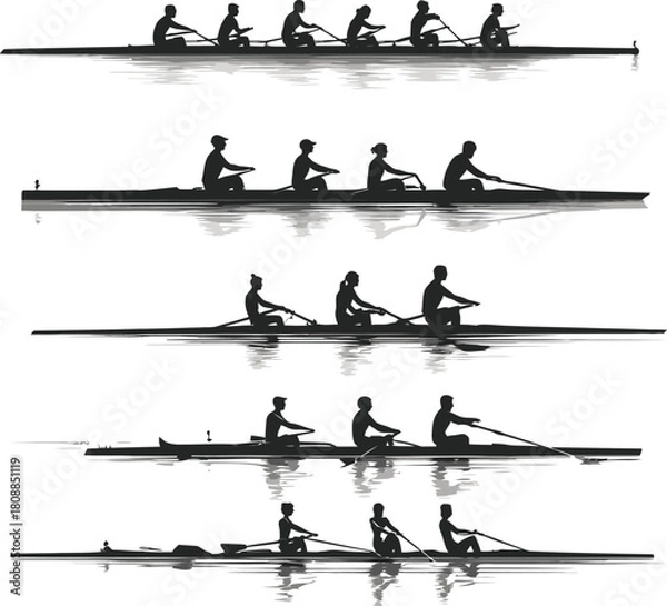 Obraz set of people riding a cano black and white silhouette illustration