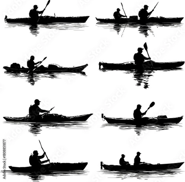 Obraz set of people riding a cano black and white silhouette illustration