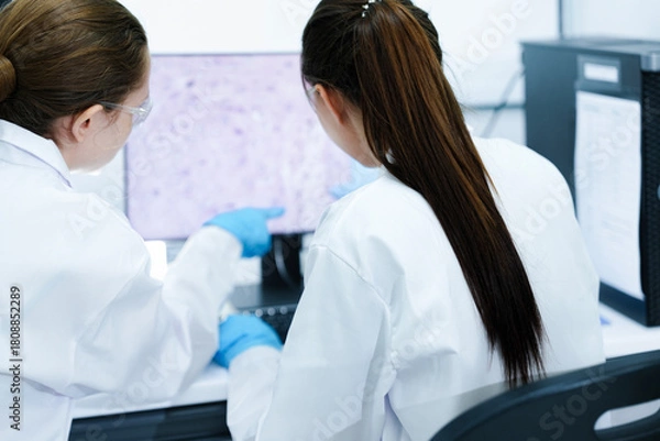Fototapeta A pharmaceutical Quality Control QC team ensures GxP compliance. Two scientists review an electronic batch record on a tablet while a third performs a required analytical test.