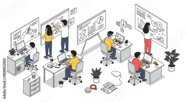 Fototapeta Collaborative office environment with teamwork and digital technology in isometric style