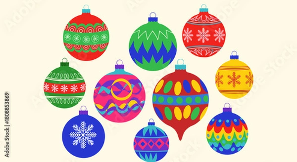 Fototapeta Collection of colorful and festive Christmas ornaments with diverse patterns and designs on a cream background.