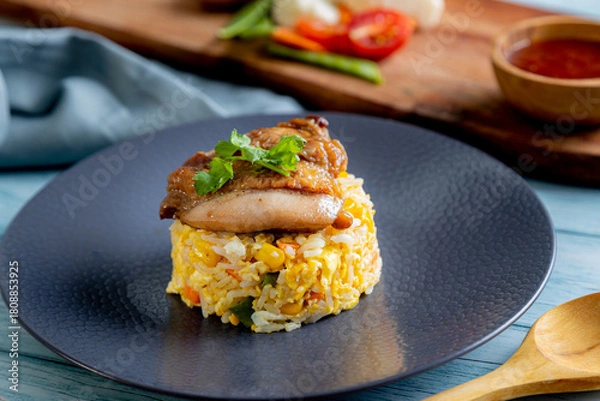 Fototapeta A serving of fried rice with corn and egg is topped with a piece of grilled chicken and a sprig of cilantro, presented on a dark plate. wooden board holds a small bowl of holds a a  sauce, vegetables