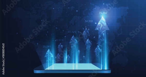 Obraz Concept of growth business on futuristic digital.growing arrow icon from triangle line particle design low poly. goals to be successful.