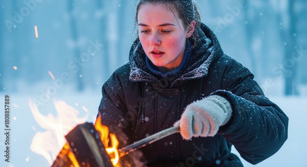 Fototapeta A young woman in a winter jacket and gloves tends a bright campfire, its warm glow contrasting with the snowy background.