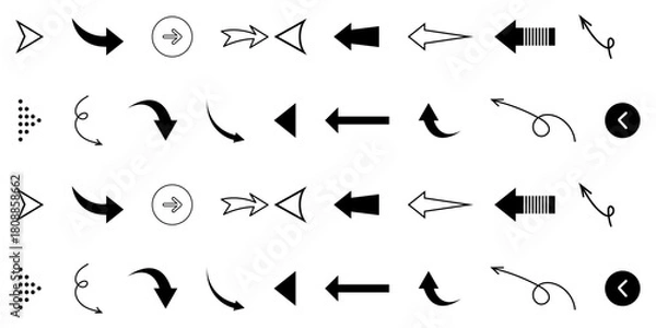 Fototapeta Set of black arrow icons. Various packaging symbols. Motion pointers. Site and player control buttons. Flat style logos. Information pointers. Wayfinding directions. Modern simple vector arrows.