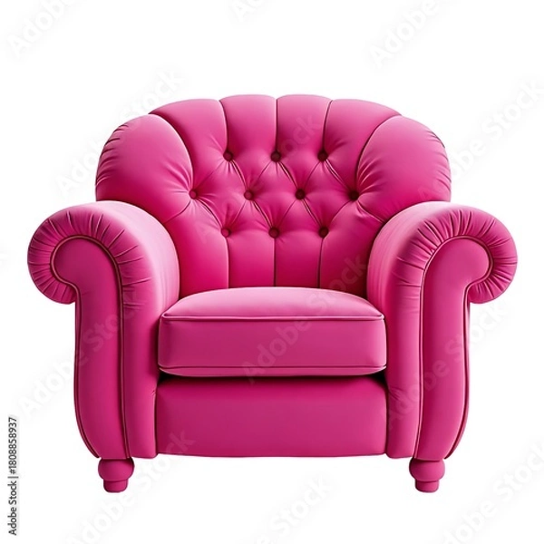 Obraz Stylish fresh pink velvet tufted button upholstered armchair isolated on white background