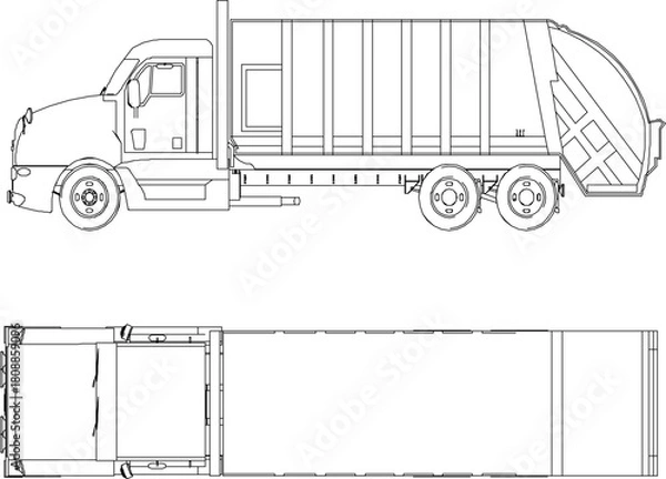 Fototapeta vector sketch illustration silhouette design image of industrial vehicle trailer truck with rear container for industrial side and top view