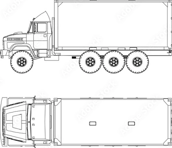 Fototapeta vector sketch illustration silhouette design image of industrial vehicle trailer truck with rear container for industrial side and top view