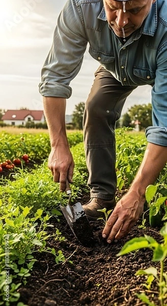 Fototapeta A person in a blue shirt tends to a small plant with a shovel in a garden. Sunlight shines down on the crops and plants