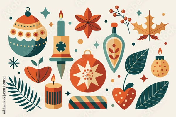 Fototapeta Vibrant retro Christmas illustration with ornaments, candles, leaves, berries, and stars. Cozy festive seamless pattern ideal for holiday decor, seasonal design projects, and stock image libraries.