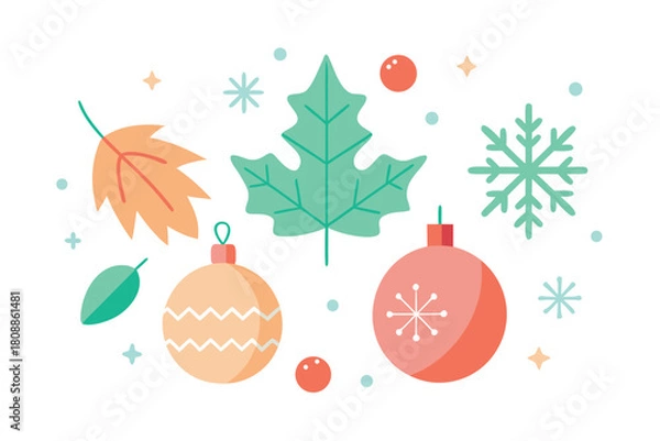 Fototapeta Whimsical Winter Holiday Ornaments and Leaves With Soft Pastel Christmas Decor and Festive Snowflakes Design