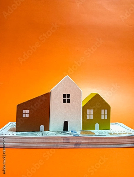 Fototapeta A miniature house placed on a pile of money symbolizes real estate value, investment potential and financial growth in the housing market.