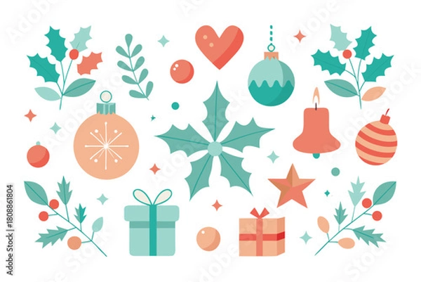 Obraz Cheerful Christmas illustration featuring holly branches, ornaments, a candle, gift boxes, a star, a heart motif, and festive pastel greenery evoking warmth, family joy, and holiday celebration.