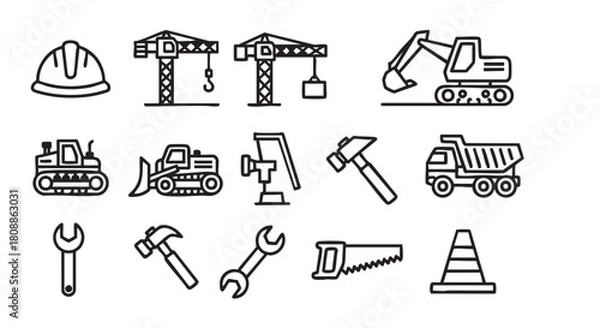 Obraz Construction Site Black and White Icon Set Vector Illustration