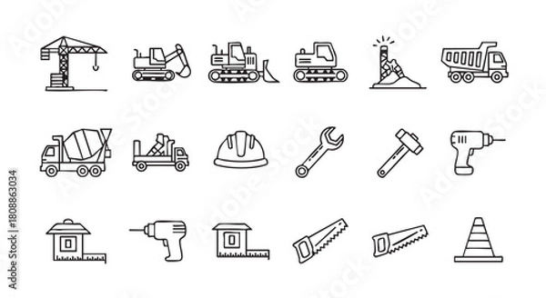 Obraz Construction site line icons set collection of building machinery equipment