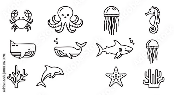 Obraz Cute Ocean Animals Line Art Illustration Crab Octopus Whale Dolphin Coral