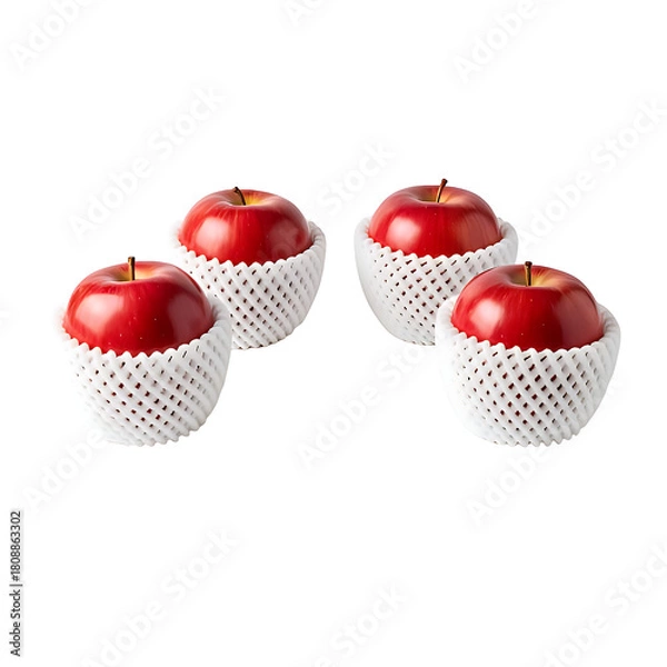 Obraz Four red apples with each wrapped in a foam mesh sleeve isolated on white background