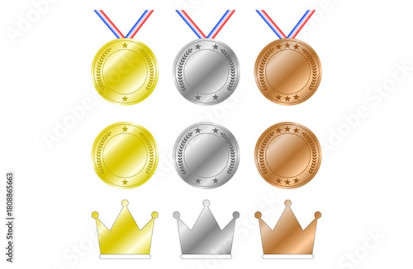 Fototapeta 金メダル・銀メダル・銅メダルと金王冠・銀王冠・銅王冠のセット