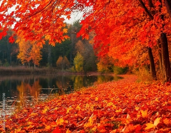 Obraz A path in an autumn park. Orange foliage in the forest