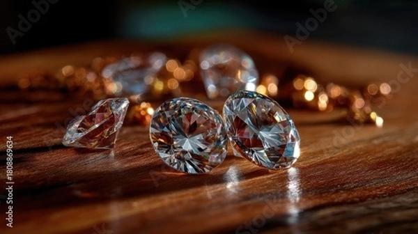 Fototapeta Sparkling Diamonds on Wooden Surface with Soft Focus Background and Elegant Lighting for Stunning Display