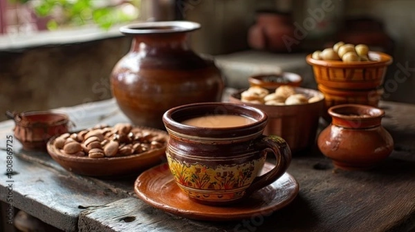 Fototapeta Traditional Rustic Table with Handcrafted Pottery, Coffee Cup, and Nuts Surrounded by Homey Decor and Natural Light