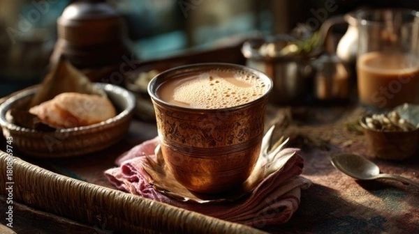 Fototapeta Authentic Indian Chai Served in Traditional Cup with Snacks and Decorative Elements in Warm Ambient Light