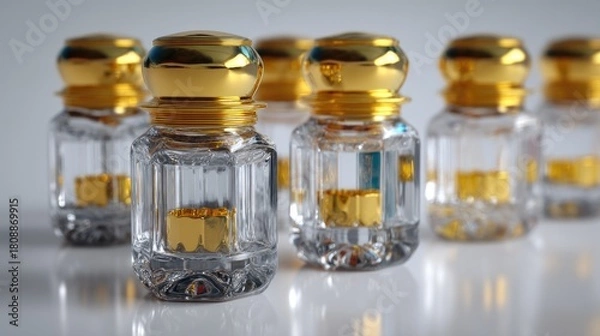 Obraz Elegant Glass Perfume Bottles with Golden Caps on a Smooth Surface in a Creative Arrangement