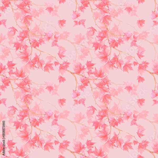 Fototapeta Hand drawn watercolor maple branch with red leaves seamless pattern. Illustration of tree isolated on pink background. Can be used for textile fabric scrapbook and other printed products.