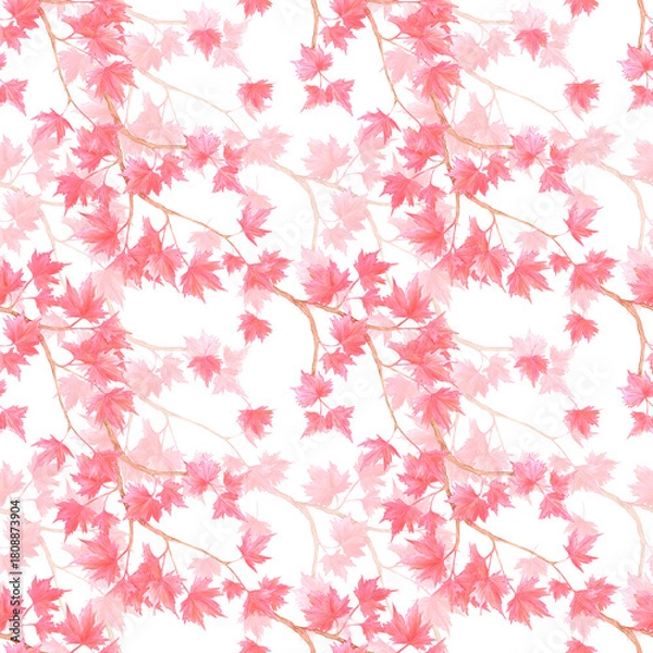 Fototapeta Hand drawn watercolor maple branch with red leaves seamless pattern. Illustration of tree isolated on white background. Can be used for textile fabric scrapbook and other printed products.
