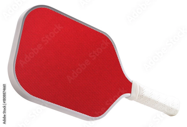 Fototapeta Red pickleball paddle isolated on white with clipping path, modern sports equipment for pickleball training and gameplay.