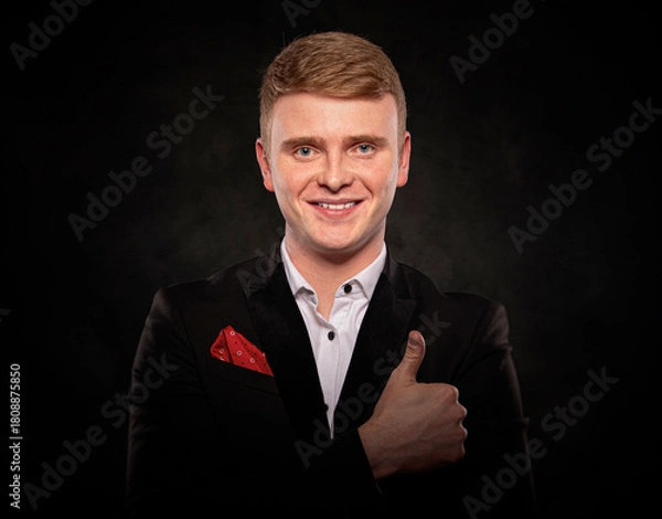 Fototapeta Studio portrait of a smiling young redheaded man wearing a formal black suit and giving a thumbs up gesture of approval against a dark background.