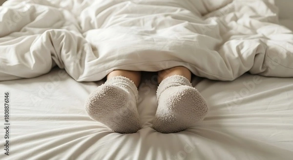 Fototapeta Person resting in bed with fuzzy socks and soft blanket