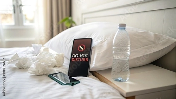 Fototapeta Smartphone on Bed Displaying Do Not Disturb Mode Near Water Bottle